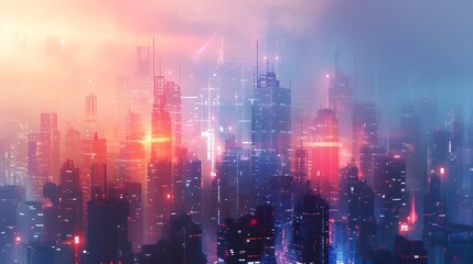 A futuristic cityscape emerges from a pixelated haze, pulsating with electric energy - obrazy, fototapety, plakaty