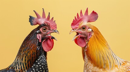 Two Phasianidae roosters with open beaks yelling ai each other, studio photo