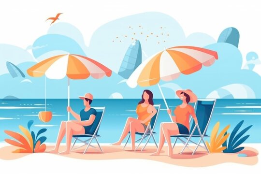 Illustration of a vacationing company on coast under umbrellas in sun loungers.