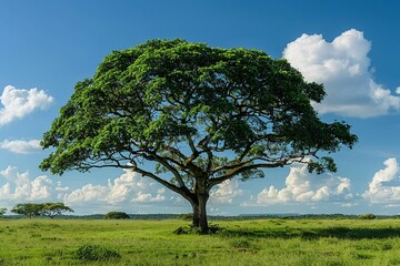 Fototapeta na wymiar Explore a professional image showcasing the lush foliage of a green Ipê tree under the sunlight, set against a backdrop of clear blue skies, capturing the natural beauty 