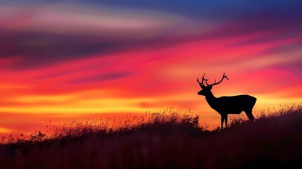 A graceful deer silhouette against a colorful sunset backdrop, symbolizing peace and harmony in nature.