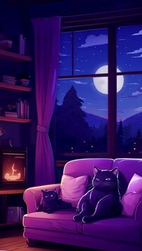 Animated virtual backgrounds, stream overlay loop, cozy lo-fi living room at sunset, Vtuber asset twitch zoom OBS screen, chill hip hop, hand-drawn, Japanese 2D anime style animation 4K video