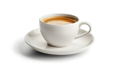 a white ceramic coffee cup placed on a matching saucer. The cup is filled with freshly brewed coffee, exhibiting a rich, creamy brown color