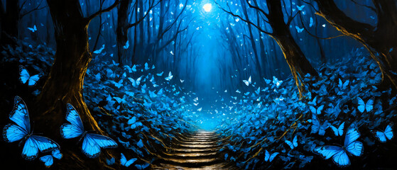 Painting of swarming phosphorescent blue butterflies at night in a dark forest in moonlight