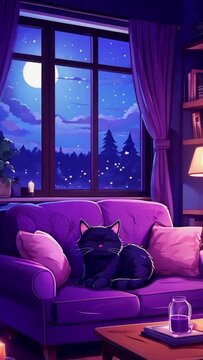 Animated virtual backgrounds, stream overlay loop, cozy lo-fi living room at sunset, Vtuber asset twitch zoom OBS screen, chill hip hop, hand-drawn, Japanese 2D anime style animation 4K video