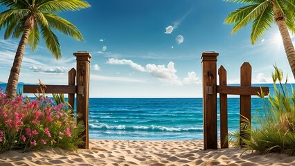 Wooden gate leading beach palm trees flowers
