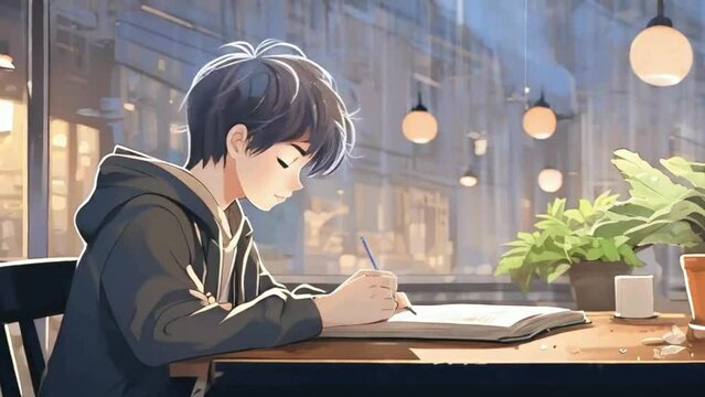 LoFi boy enjoying studying Break time, anime style, lo-fi aesthetic, vaporwave. Seamless Looping animation, perfect for beats.