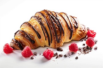 Fresh croissant with chocolate and raspberries on white background.