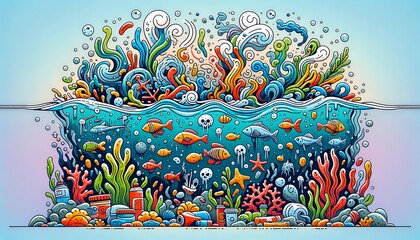 These pollutants are artistically integrated into the scene using vibrant and contrasting colors to represent the disturbance and impact on the marine ecosystem.