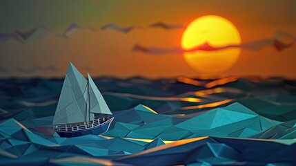 sailboat at sunset. paper art Generative AI - obrazy, fototapety, plakaty