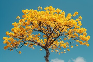 Naklejka na ściany i meble Capture a captivating shot of a yellow Ipê tree in full bloom, where radiant yellow blossoms stand out against vivid green leaves and a clear blue sky