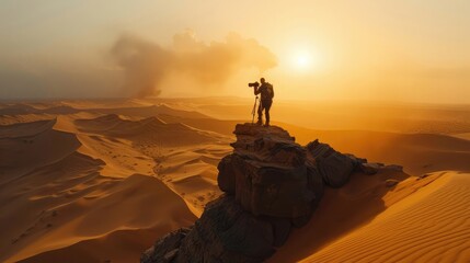 View of a tourist with a camera on a rock formation among sand dunes at sunset in the Sahara desert, - Powered by Adobe