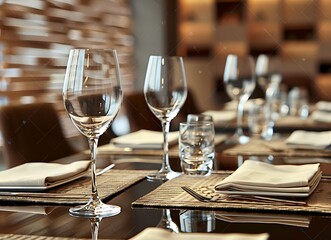 photo of fancy restaurant table setting with empty glasses and cutlery