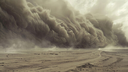 A very large cloud of smoke billowing up into the sky, creating a dense and ominous presence in the atmosphere