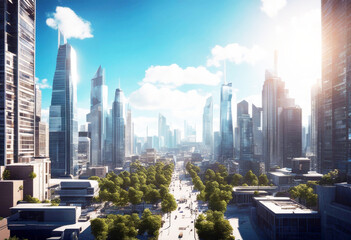 'sky bright city modern daytime render 3D / panorama Day landscape panoramic skyline architecture skyscraper construction building urban structure tower urbanisation town business three-dimensional' - obrazy, fototapety, plakaty