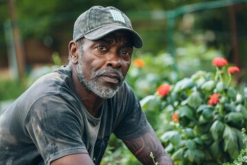 A Black man volunteers in a community garden, teaching kids amidst vibrant plants and flowers on a sunny day - obrazy, fototapety, plakaty