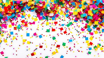 a vibrant display of colorful confetti scattered across a white background. The confetti consists of various shapes, including rectangles and squares