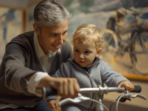 A man and a baby are looking at a painting of a bicycle. The man is holding the baby's hand and pointing to the painting
