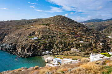View of beach and mountain ladscape near Kastro village, Sifnos island, Greece - 792073223