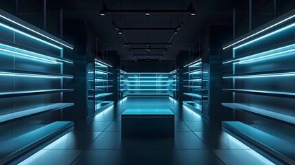 A high-tech store with sleek, empty backlit shelves that glow with a soft blue light. The walls are dark, creating a futuristic look that emphasizes the geometric design of the shelves.