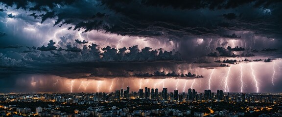 Sous un ciel orageux menaçant, la ville se pare d'une aura mystérieuse et captivante, tandis que des éclairs puissants illuminent l'obscurité, créant une ambiance électrisante et dramatique.