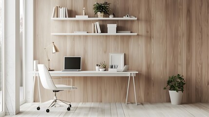 Fototapeta na wymiar A home office designed in Scandinavian style, featuring simple, empty white shelves against a pale wood-paneled wall. Include a minimalist desk and chair in the foreground