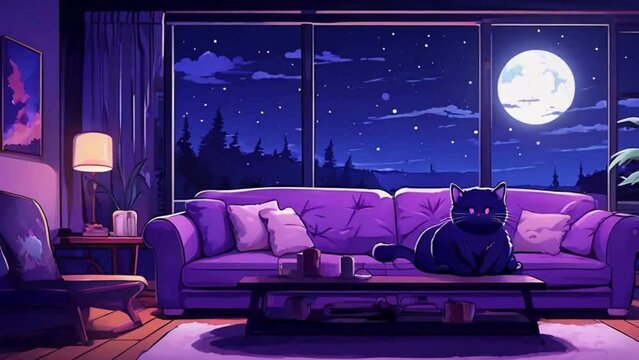 Animated virtual backgrounds, stream overlay loop, cozy lo-fi living room at sunset, Vtuber asset twitch zoom OBS screen, chill hip hop, hand-drawn, Japanese 2D anime style animation 4K video