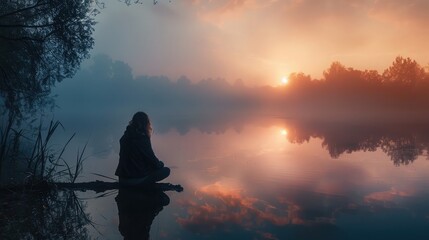 Woman enjoy nature near foggy lake at sunrise