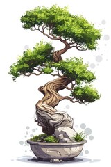 A beautifully illustrated lush bonsai tree with a highly detailed twisted trunk, placed in a decorative bowl surrounded by rocks