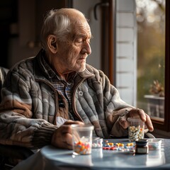 An elderly man is sitting at a table with a jar of pills in front of him