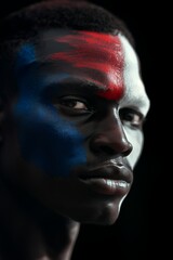 An intense portrait of a man with blue, white, and red face paint in a dramatic show of patriotism. A fan at sports competitions.
