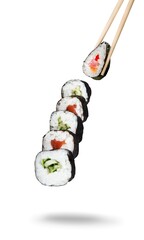 Fresh tasty sushi rolls with ingredients