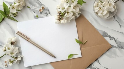 Workspace. Wedding invitation cards, craft envelopes, white flowers and green leaves. Overhead...