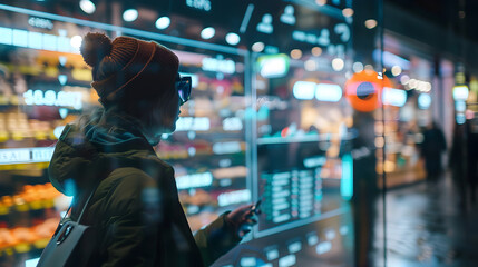 A holographic retail analytics dashboard tracking customer behavior and sales trends in stores.


