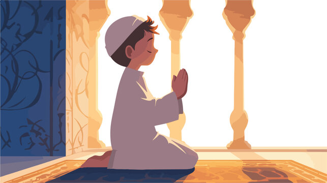Muslim kid praying 2d flat cartoon vactor illustrat