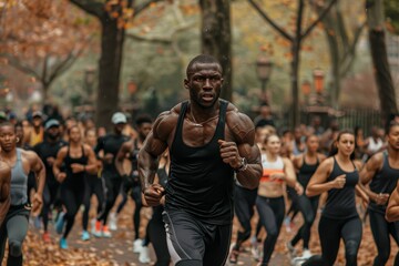 A muscular black man is teaching a fitness class outdoors in a park setting, with participants energetically following along on a vibrant morning - Powered by Adobe