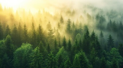Sunrays piercing through a foggy coniferous forest, creating a moody and ethereal atmosphere that invokes tranquility and the mystery of nature