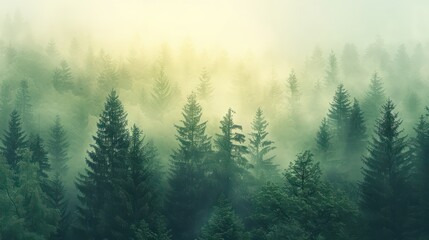 A serene and mystical image showcasing sunlight piercing through the misty atmosphere in a dense pine forest The photo evokes tranquility and the beauty of nature - obrazy, fototapety, plakaty