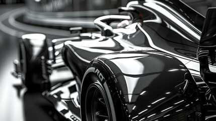 A hyper-realistic close-up of the sleek lines and aerodynamic design of an F1 car, showcasing its cutting-edge engineering.


