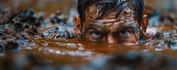 Fototapeta na wymiar A strong man competes in an obstacle course race, navigating muddy terrain with focus and determination, creating an action-packed scene