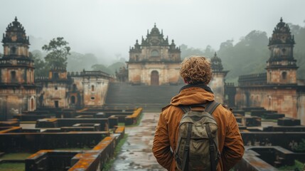 A white tourist in casual attire explores an ancient castle, soaking in historic architecture on a travel adventure - obrazy, fototapety, plakaty