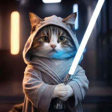 Pet costume, Funny cat in clothes and with a glowing sword