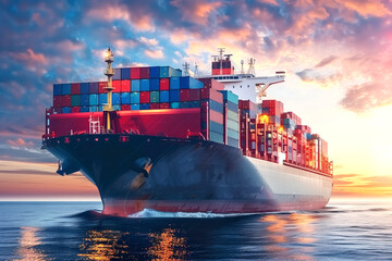 A commercial cargo ship filled with containers is sailing to its destination with a sunset background.