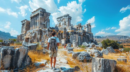 Explore historic architecture in an ancient castle, tourist in casual attire embarks on a travel adventure - obrazy, fototapety, plakaty
