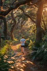 Naklejka na ściany i meble A white man is jogging on a forest trail, with morning light filtering through the trees, embodying an active and healthy lifestyle