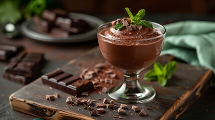 Food Photography, Gourmet Chocolate Mousse with Mint and Chocolate Chips, Decadent Delight,