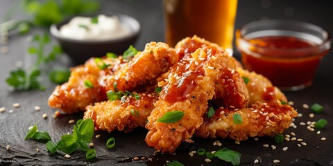 Food Photography, Crispy Chicken Strips with Fries and Beer, Delicious Pub Meal Setting,