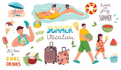 Summer cartoon collection with people on vacation.Suitcases, drinks, ice cream, watermelon, flip-flops, beach chair.Swimming couple and father and daughter.Vector  illustrations set for summer season.