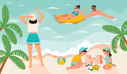 Summer season cartoon background with people resting on the seashore.Girl in greeting on the beach, couple swimming and children with sand castle.Vector design for banner template,poster,flyer.