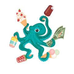 Cartoon octopus with ice cream and money.Cute character holds banknotes and refreshing desserts in his tentacles.Vector design isolated on white background.For use in promotion and shopping template.
